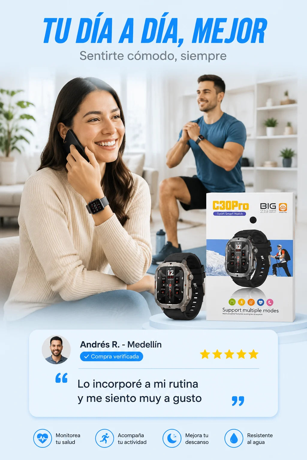 🔥 Smartwatch G30 Pro – Llamadas Bluetooth, Monitoreo de Salud y Linterna LED Integrada