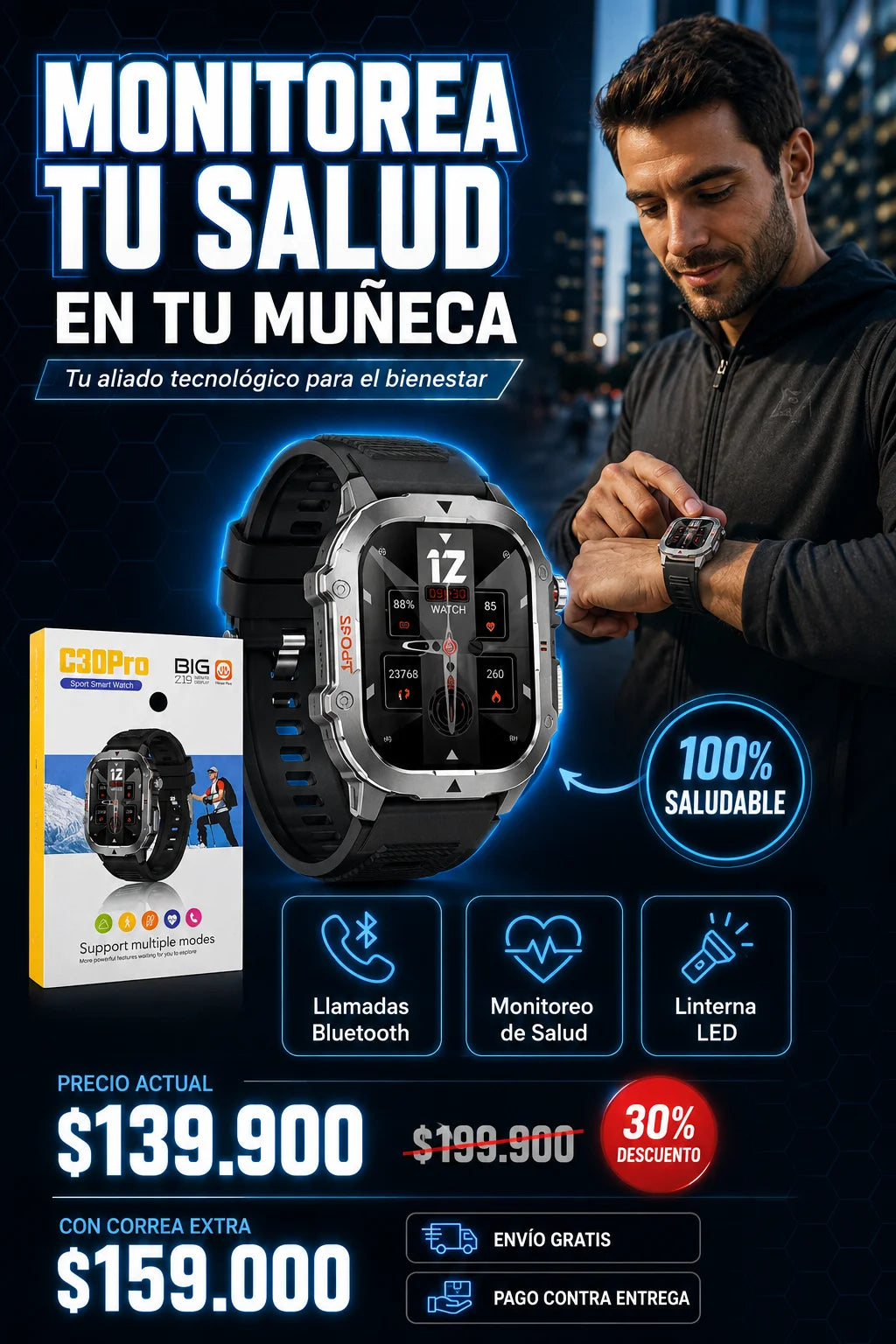 🔥 Smartwatch G30 Pro – Llamadas Bluetooth, Monitoreo de Salud y Linterna LED Integrada